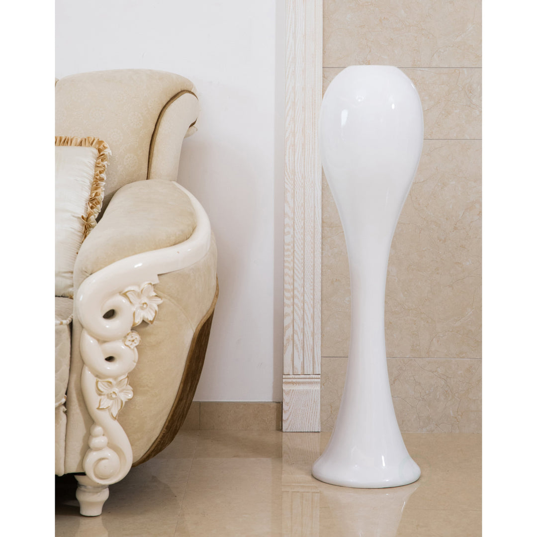 39 Inch Tall White Narrow Fiberglass Modern Floor Vase Unique Design Image 1