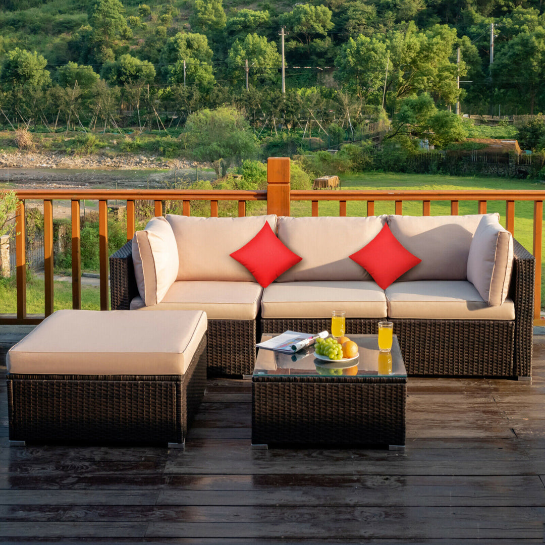 5PCS Rattan Sectional Sofa Set Patio Furniture Set w/ Beige Cushion Pillow Image 1