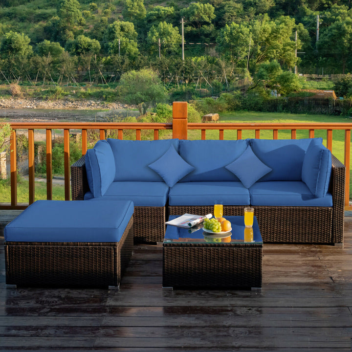 5PC Rattan Patio Conversation Set Outdoor Furniture Set w/ Ottoman Cushion Image 1