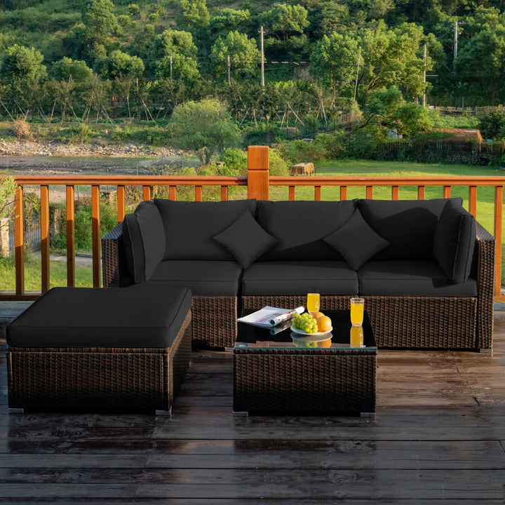 5PCS Rattan Patio Conversation Set Outdoor Furniture Set w/ Ottoman Black Cushion Image 1