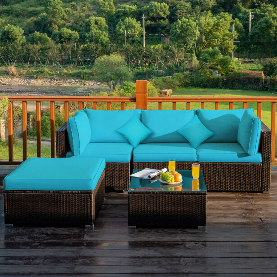 5PCS Rattan Patio Conversation Set Outdoor Furniture Set w/ Ottoman Turquoise Cushion Image 1