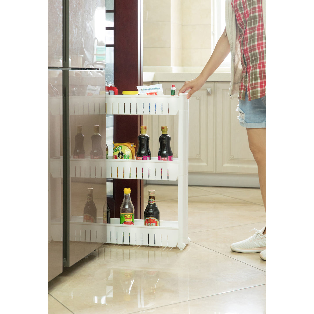 Plastic Storage Cabinet Organizer 3 Shelf Tower Cart with Wheels Narrow Space Image 2