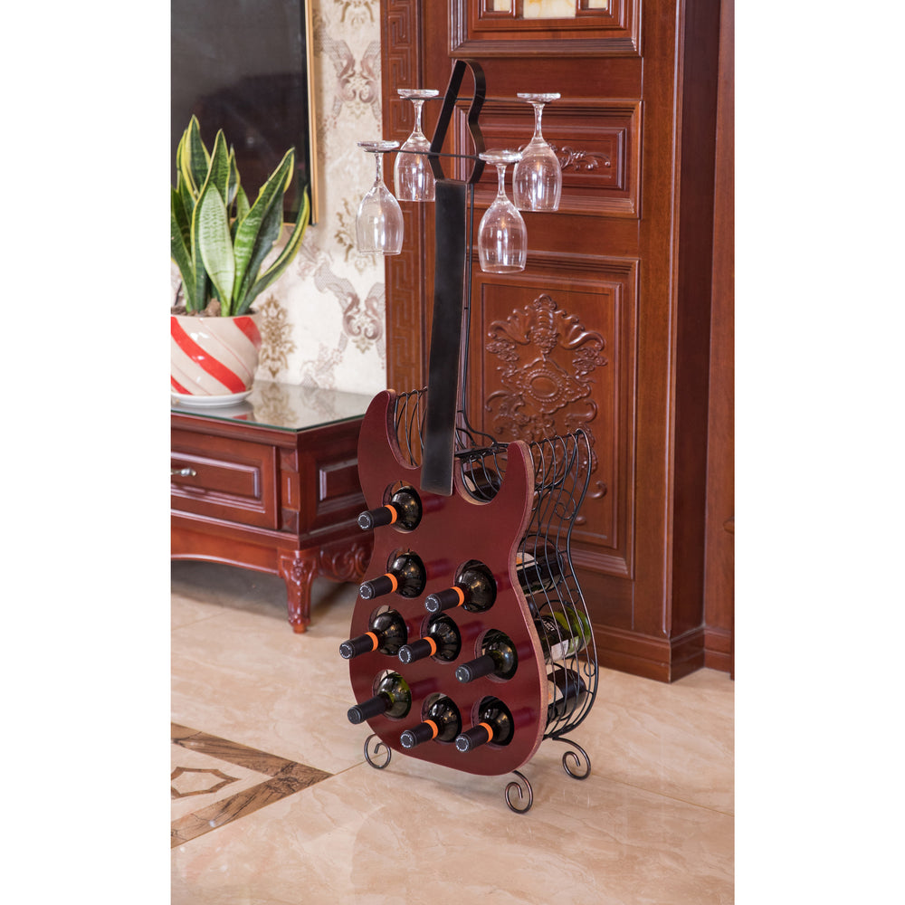 Vintage Wood and Metal Guitar Shaped Freestanding 9 Bottle Wine Holder Decor Image 2