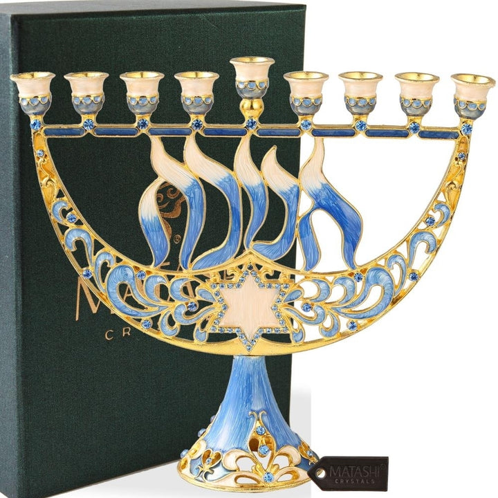 Matashi Hand Painted Enamel Menorah Candelabra w/ a Star of David and Hanukkah Design, Embellished w/ Gold Accents and Image 1