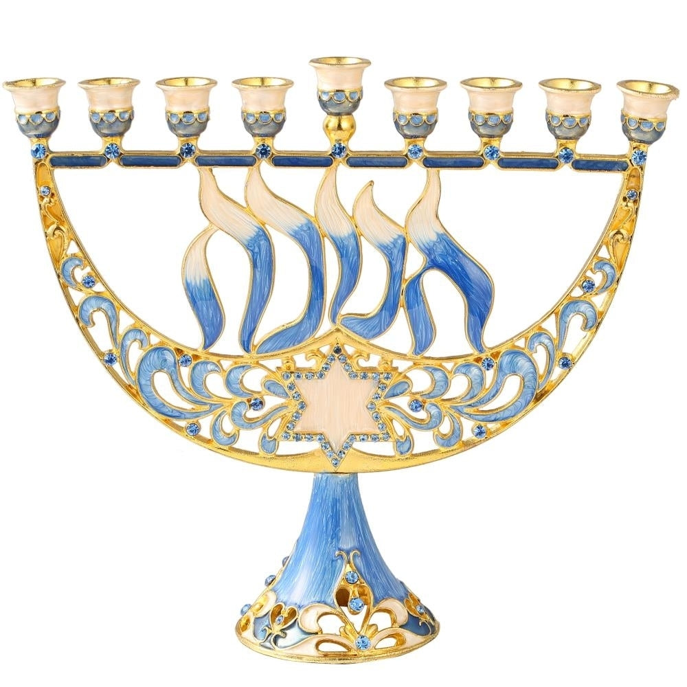 Matashi Hand Painted Enamel Menorah Candelabra w/ a Star of David and Hanukkah Design, Embellished w/ Gold Accents and Image 2