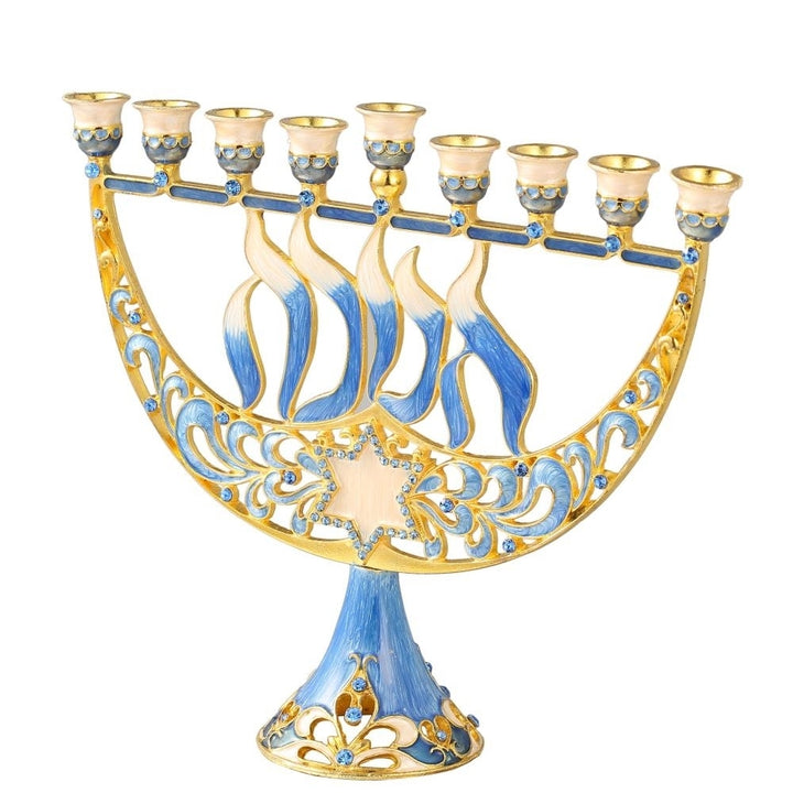 Matashi Hand Painted Enamel Menorah Candelabra w/ a Star of David and Hanukkah Design, Embellished w/ Gold Accents and Image 3