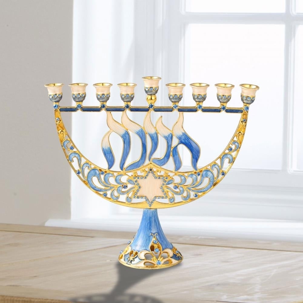 Matashi Hand Painted Enamel Menorah Candelabra w/ a Star of David and Hanukkah Design, Embellished w/ Gold Accents and Image 4