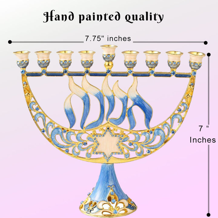 Matashi Hand Painted Enamel Menorah Candelabra w/ a Star of David and Hanukkah Design, Embellished w/ Gold Accents and Image 5