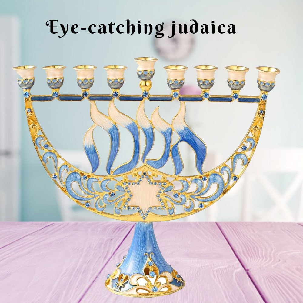 Matashi Hand Painted Enamel Menorah Candelabra w/ a Star of David and Hanukkah Design, Embellished w/ Gold Accents and Image 6