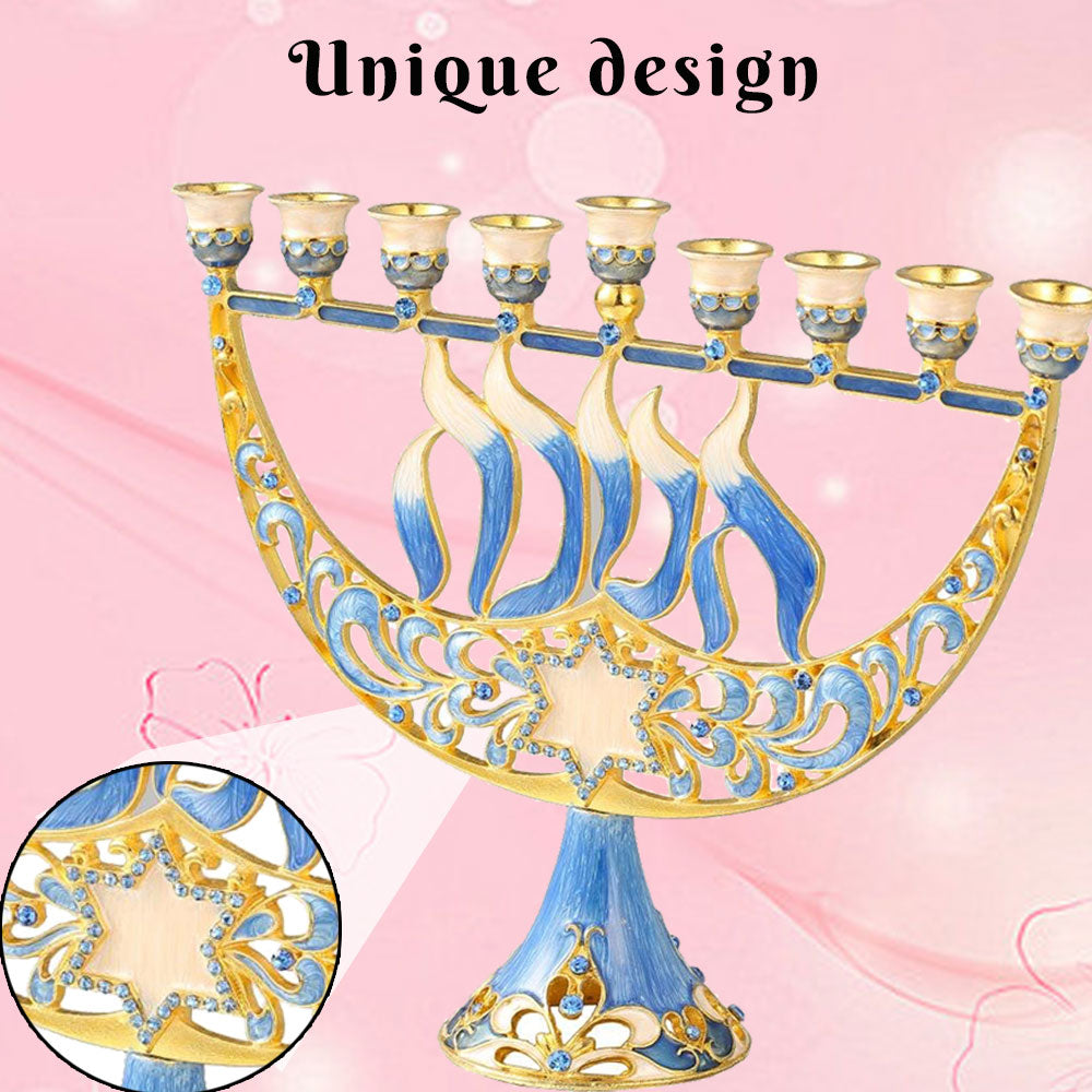 Matashi Hand Painted Enamel Menorah Candelabra w/ a Star of David and Hanukkah Design, Embellished w/ Gold Accents and Image 7