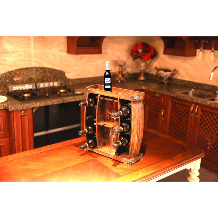 Rustic Wooden Wine Rack with Glass Holder-8 Bottle Decorative Wine Holder Image 6