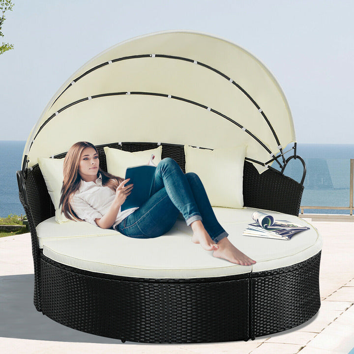 Outdoor Patio Sofa Furniture Round Retractable Canopy Daybed Black Wicker Rattan Image 1