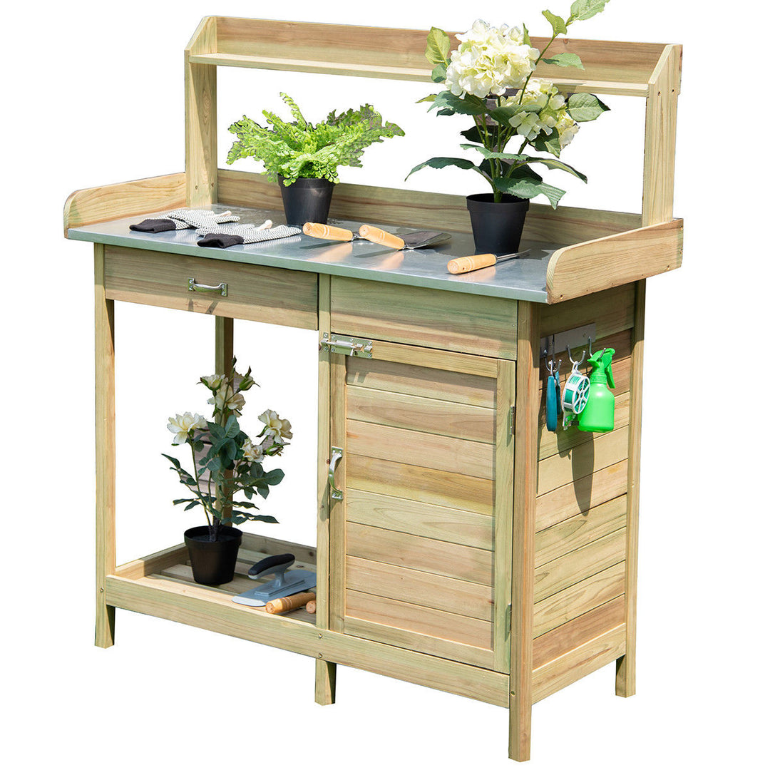 Outdoor Potting Bench Garden Wooden Work Station Metal Tabletop Cabinet Drawer Image 1