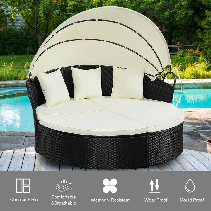 Outdoor Patio Sofa Furniture Round Retractable Canopy Daybed Black Wicker Rattan Image 6