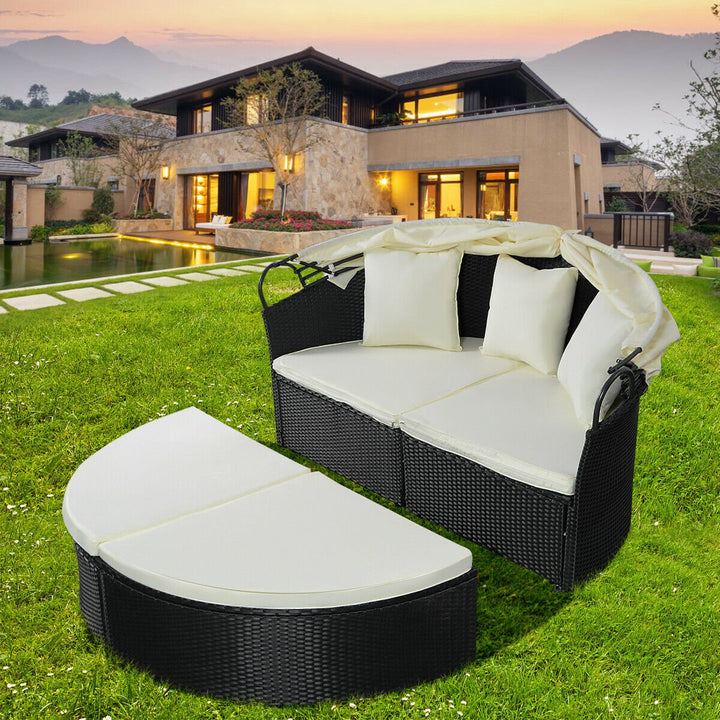 Outdoor Patio Sofa Furniture Round Retractable Canopy Daybed Black Wicker Rattan Image 7