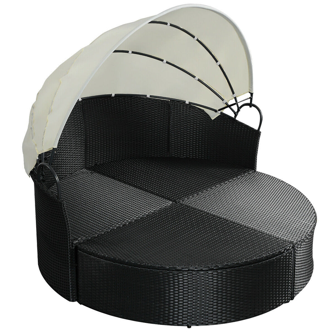 Outdoor Patio Sofa Furniture Round Retractable Canopy Daybed Black Wicker Rattan Image 8