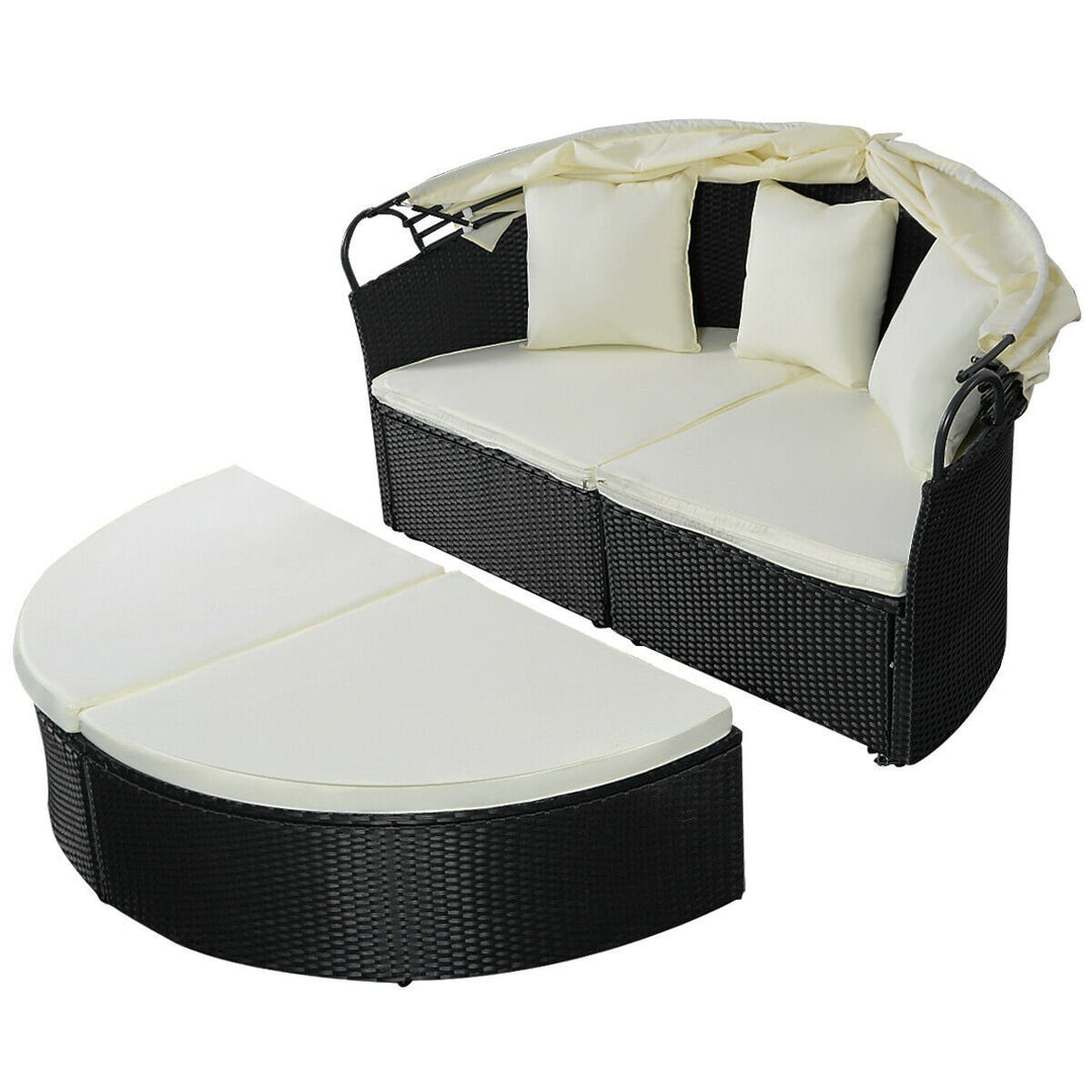 Outdoor Patio Sofa Furniture Round Retractable Canopy Daybed Black Wicker Rattan Image 9