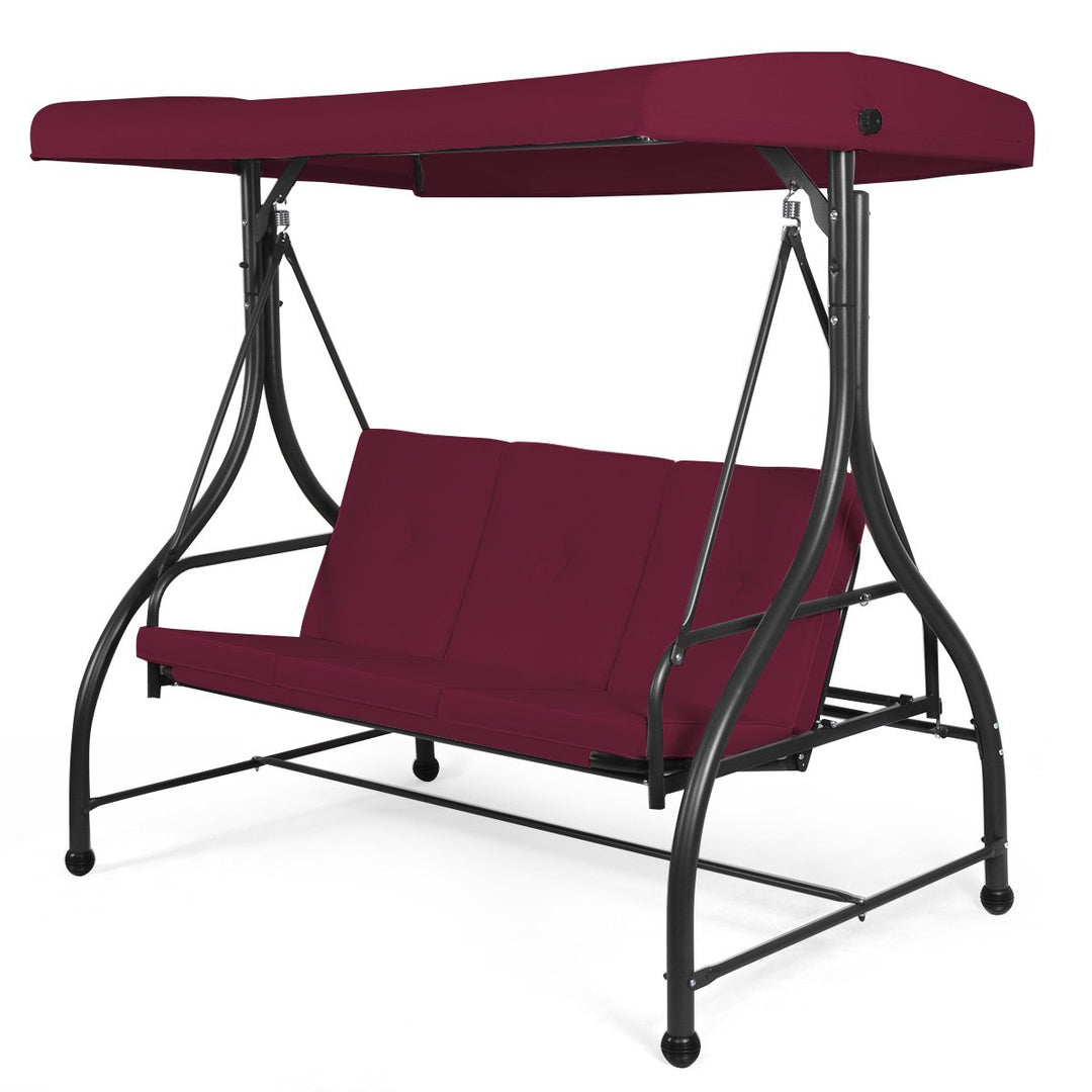 Converting Outdoor Swing Canopy Hammock 3 Seats Patio Deck Furniture Wine Red Image 1