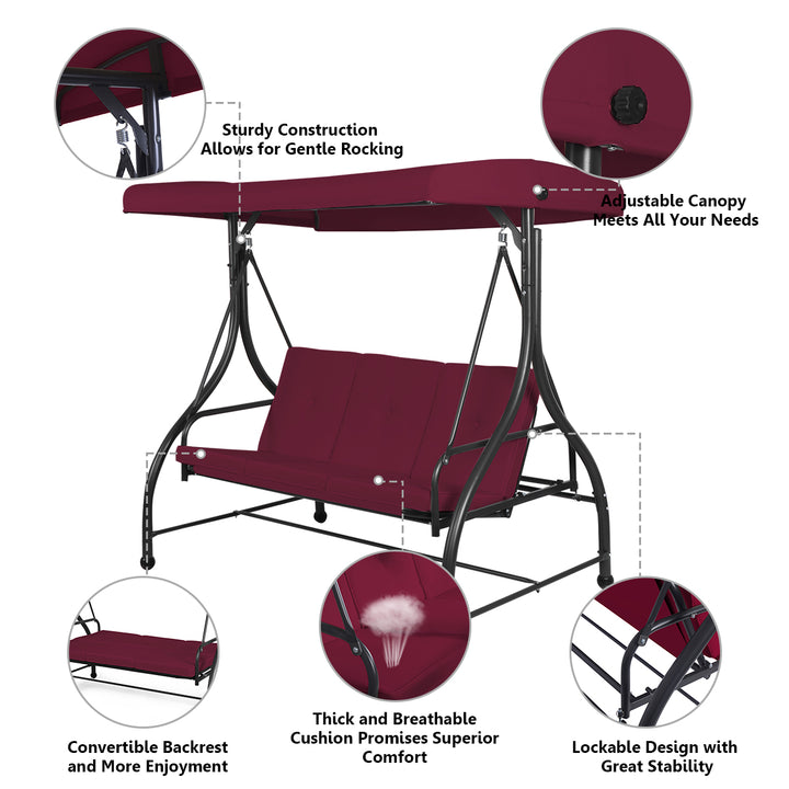 Converting Outdoor Swing Canopy Hammock 3 Seats Patio Deck Furniture Wine Red Image 7