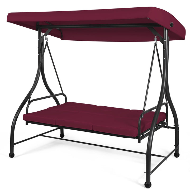 Converting Outdoor Swing Canopy Hammock 3 Seats Patio Deck Furniture Wine Red Image 8