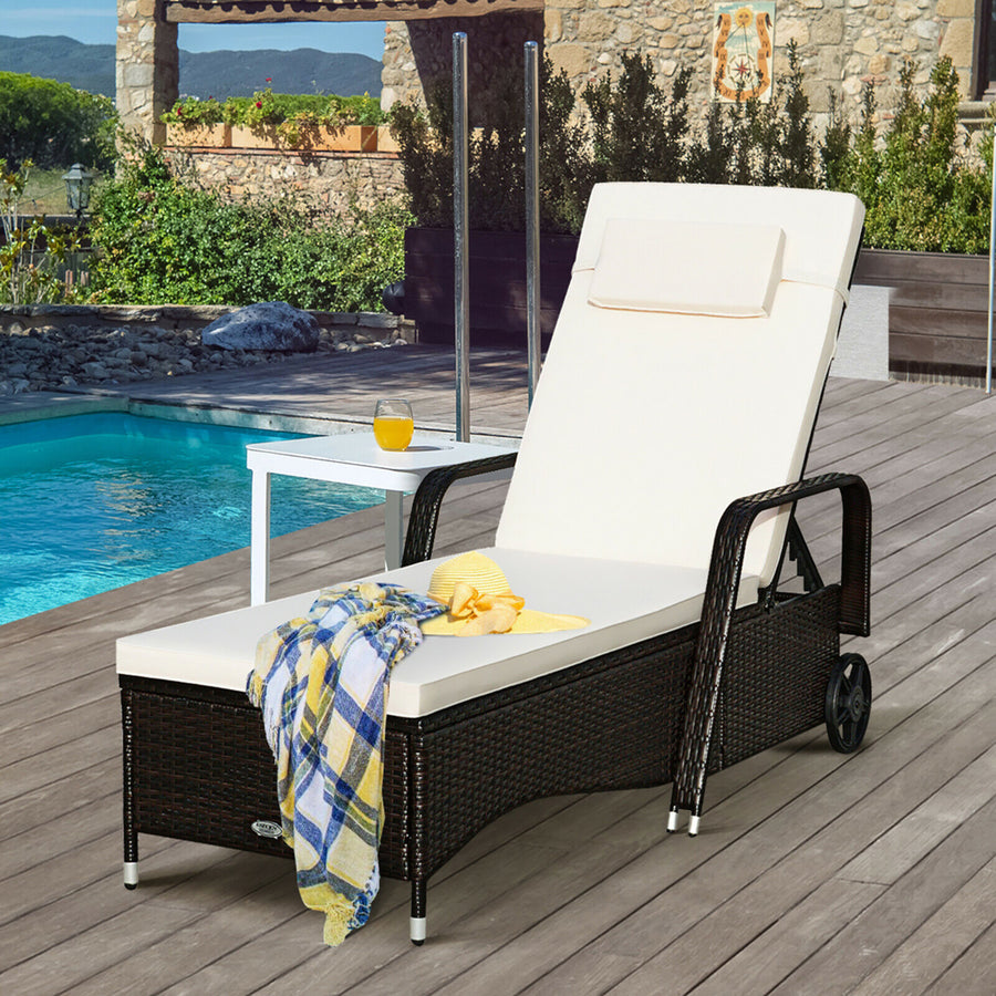 Outdoor Chaise Lounge Chair Recliner Cushioned Patio Furniture Adjustable Wheels Brown Image 1