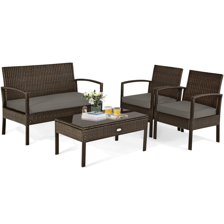 4PCS Patio Garden Outdoor Rattan Wicker Furniture Set Brown Image 5