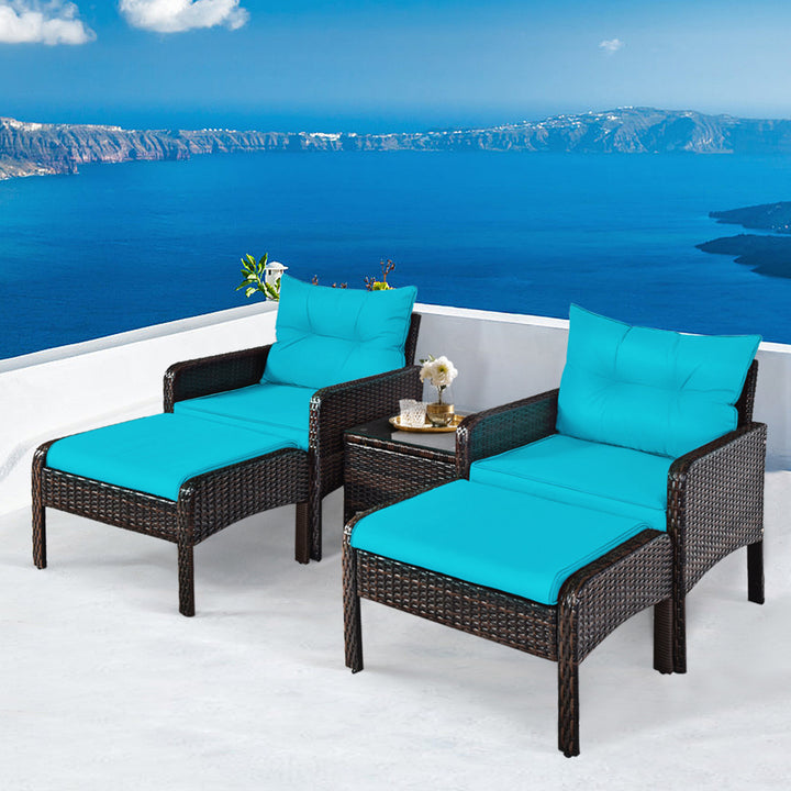 5PCS Patio Set Sectional Rattan Wicker Furniture Set w/ Turquoise Cushion Image 1