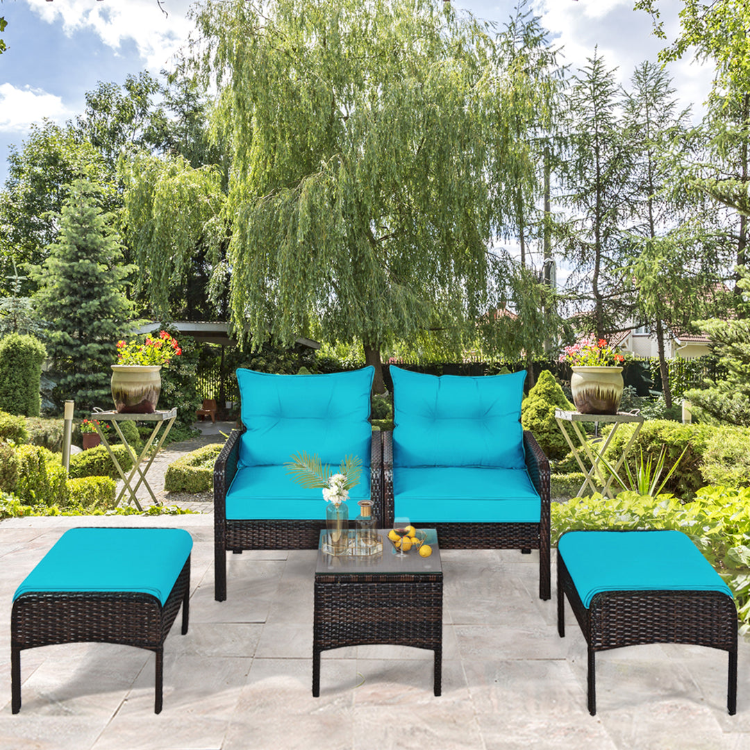 5PCS Patio Set Sectional Rattan Wicker Furniture Set w/ Turquoise Cushion Image 5