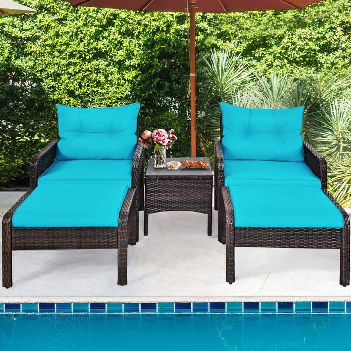 5PCS Patio Set Sectional Rattan Wicker Furniture Set w/ Turquoise Cushion Image 4