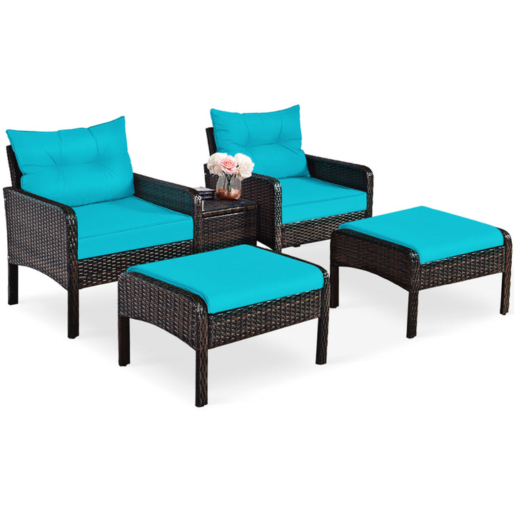 5PCS Patio Set Sectional Rattan Wicker Furniture Set w/ Turquoise Cushion Image 2