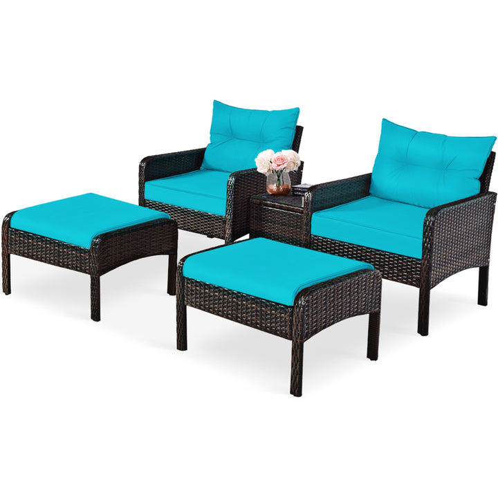 5PCS Patio Set Sectional Rattan Wicker Furniture Set w/ Turquoise Cushion Image 6