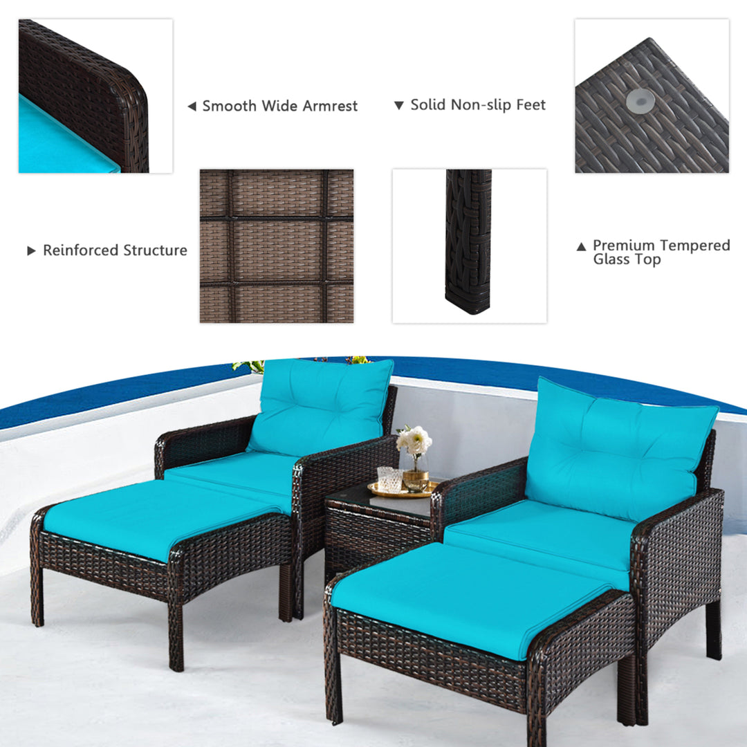 5PCS Patio Set Sectional Rattan Wicker Furniture Set w/ Turquoise Cushion Image 10