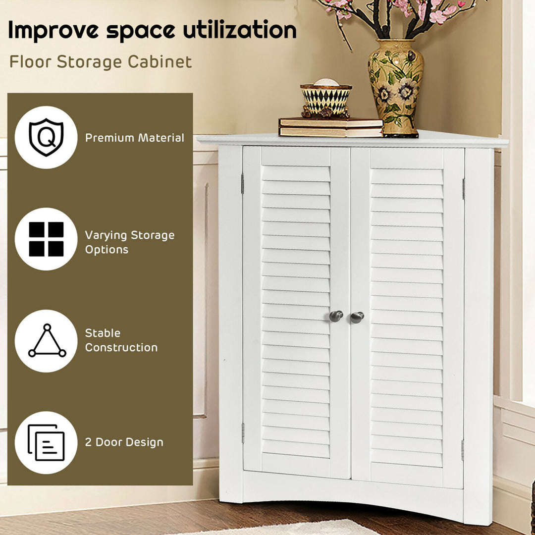 Corner Storage Cabinet Freestanding Floor Cabinet Bathroom w/ Shutter Door White Image 6