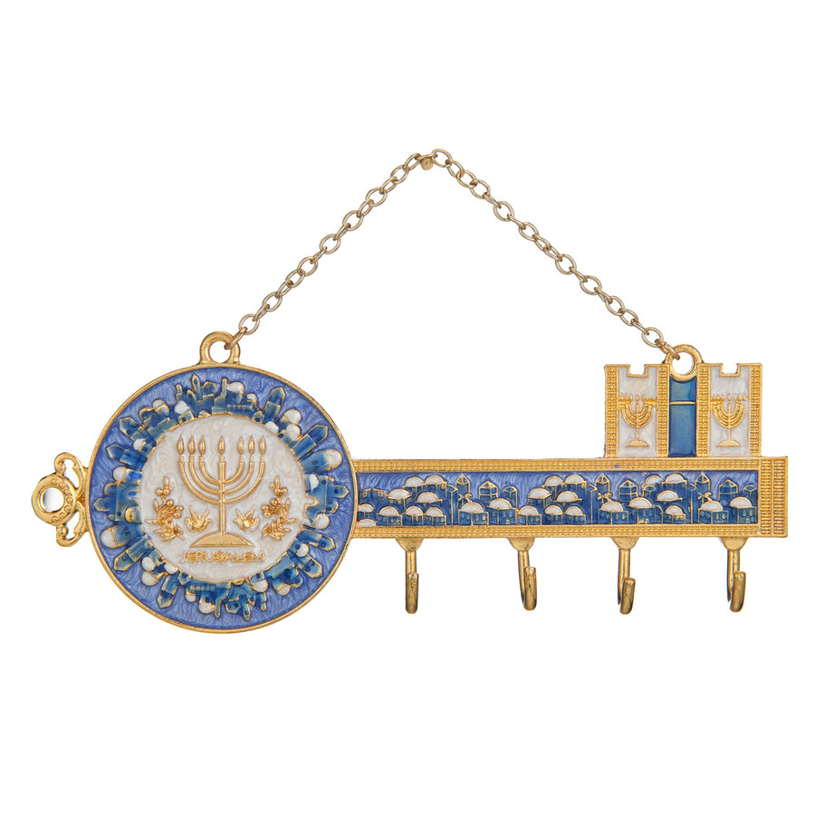 Matashi Hand-Painted Enamel Menorah and Jerusalem Cityscape Design Decorative Hanging Wall Hooks for Entryway Hallway Image 1