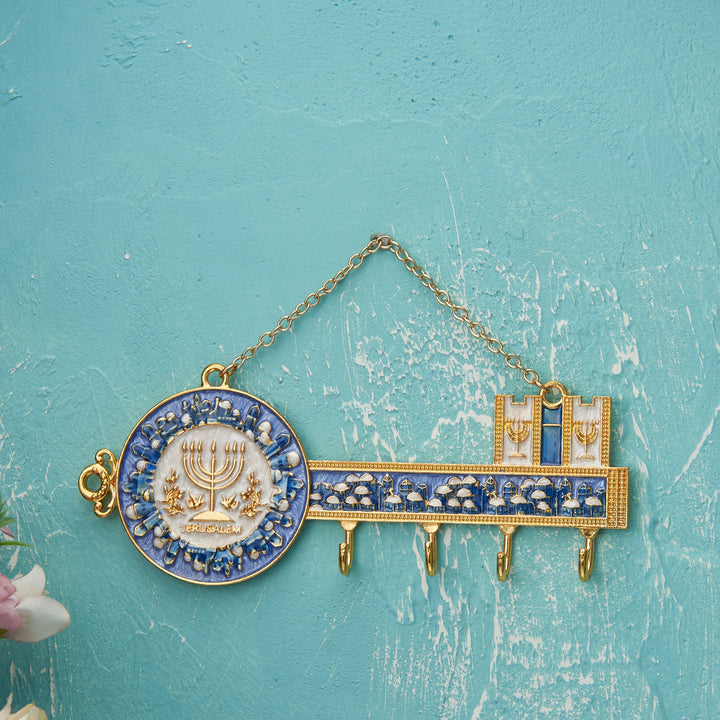 Matashi Hand-Painted Enamel Menorah and Jerusalem Cityscape Design Decorative Hanging Wall Hooks for Entryway Hallway Image 4