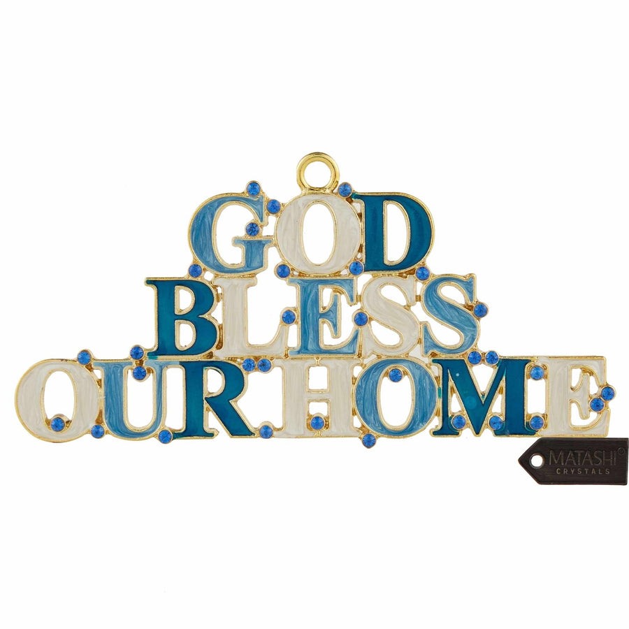 Matashi God Bless Our Home Welcome Wall Art Sign for Home, Hanging Wall Ornament w/ Crystals (Pewter) for Home Holiday Image 1