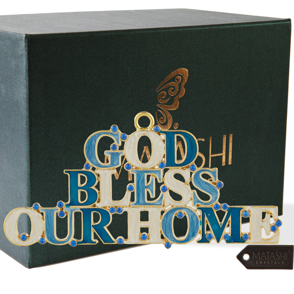 Matashi God Bless Our Home Welcome Wall Art Sign for Home, Hanging Wall Ornament w/ Crystals (Pewter) for Home Holiday Image 2