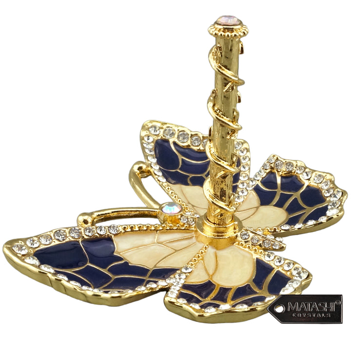 Matashi Blue Enamel and Gold Plated Butterfly Jewelry Ring Holder with Crystals, Gift for Christmas Birthday, Wife Image 1