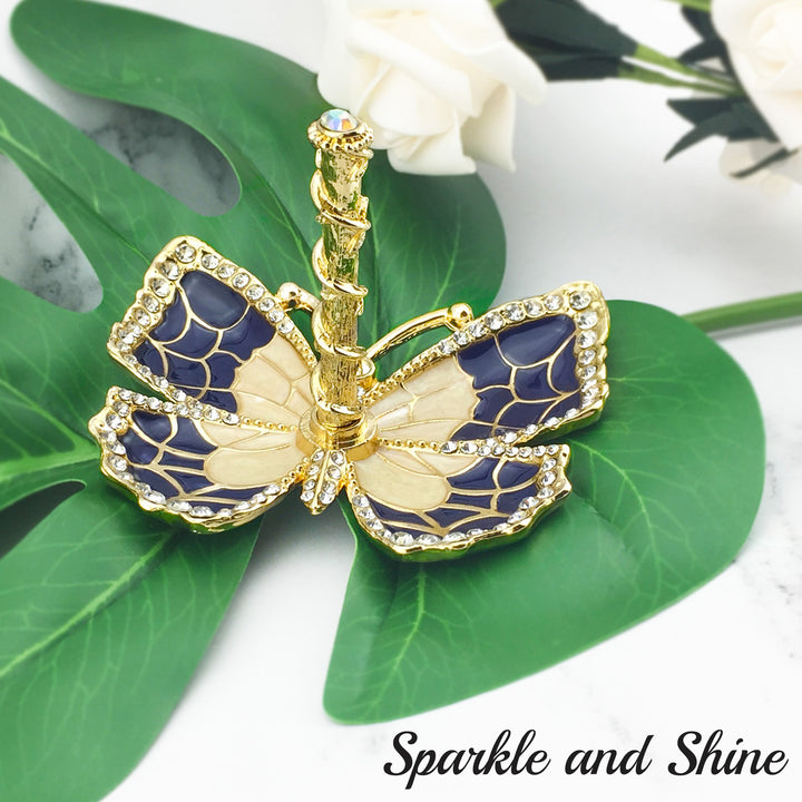 Matashi Blue Enamel and Gold Plated Butterfly Jewelry Ring Holder with Crystals, Gift for Christmas Birthday, Wife Image 2