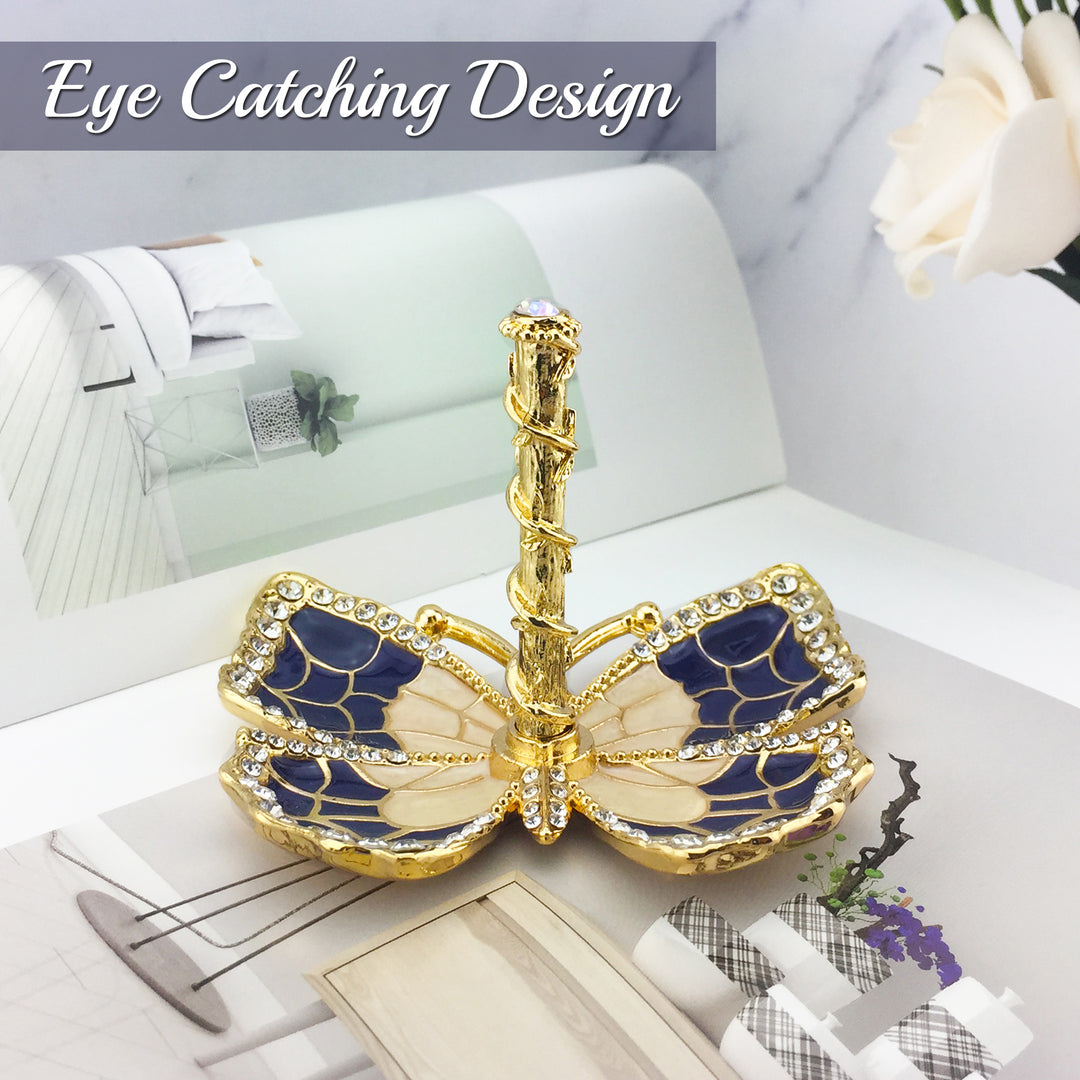 Matashi Blue Enamel and Gold Plated Butterfly Jewelry Ring Holder with Crystals, Gift for Christmas Birthday, Wife Image 3