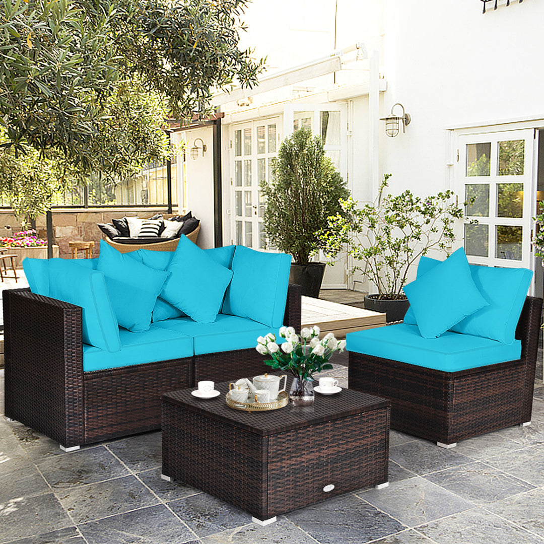 4PCS Rattan Patio Conversation Furniture Set Yard Outdoor w/ Turquoise Cushion Image 1