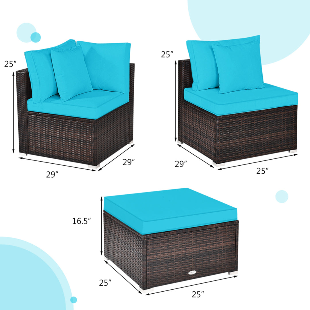 4PCS Rattan Patio Conversation Furniture Set Yard Outdoor w/ Turquoise Cushion Image 4