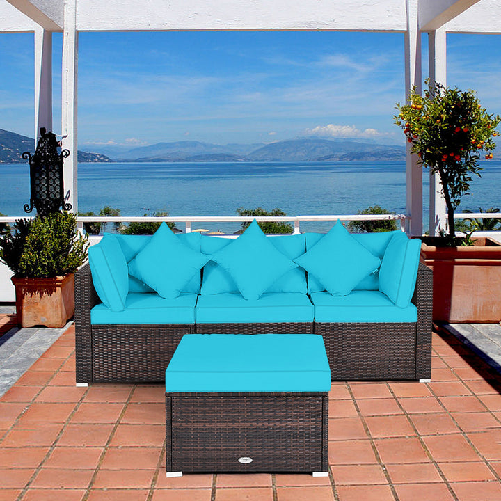 4PCS Rattan Patio Conversation Furniture Set Yard Outdoor w/ Turquoise Cushion Image 3