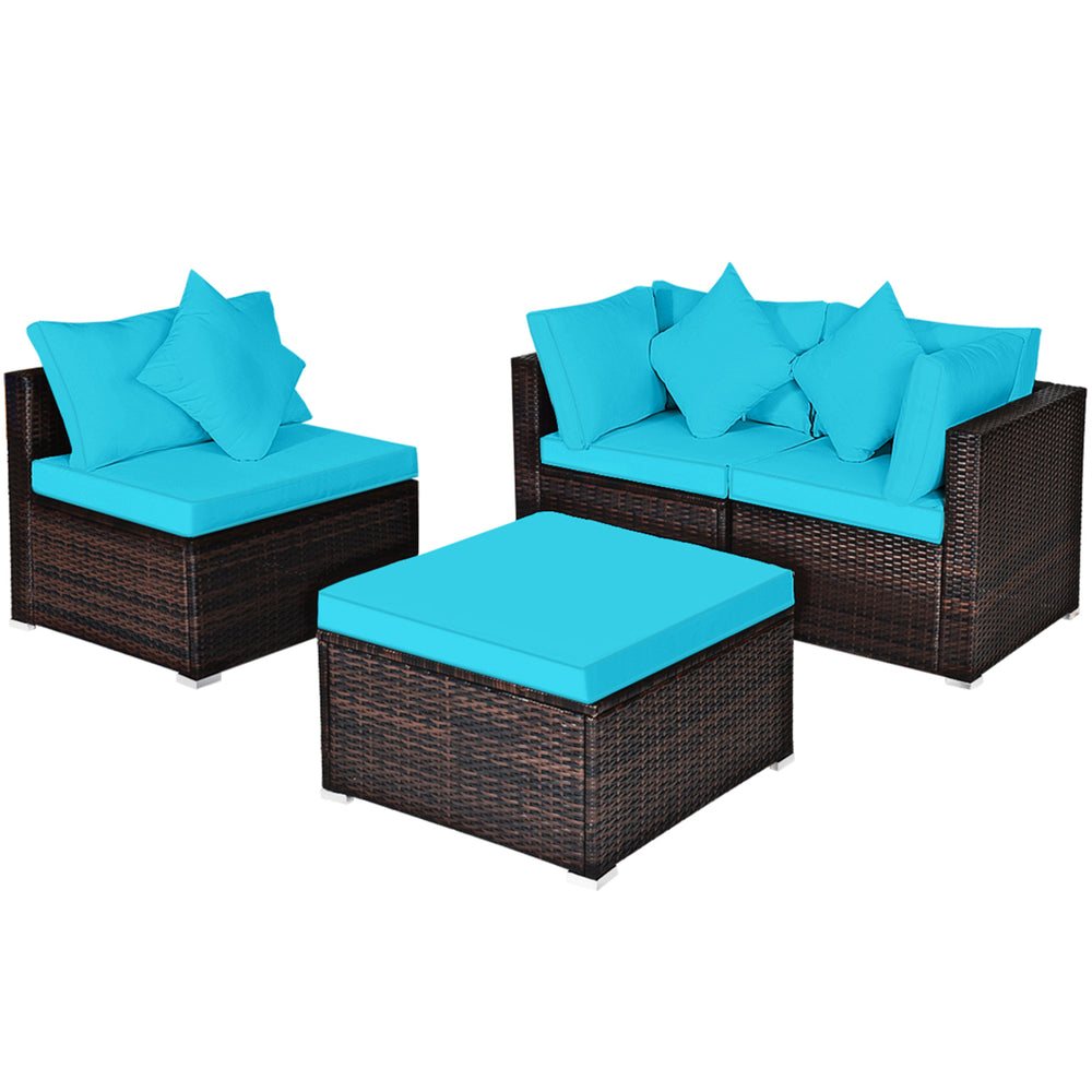 4PCS Rattan Patio Conversation Furniture Set Yard Outdoor w/ Turquoise Cushion Image 2