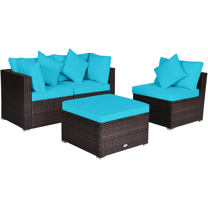 4PCS Rattan Patio Conversation Furniture Set Yard Outdoor w/ Turquoise Cushion Image 5