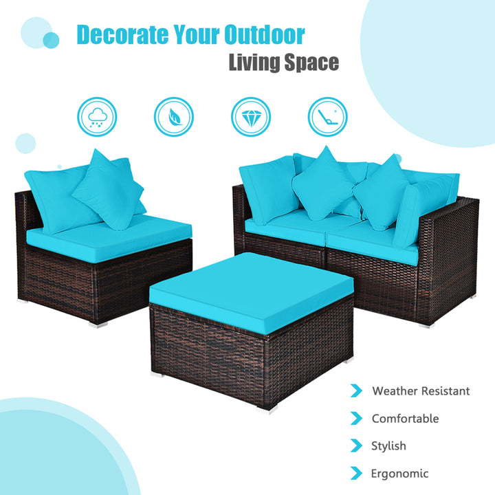 4PCS Rattan Patio Conversation Furniture Set Yard Outdoor w/ Turquoise Cushion Image 6