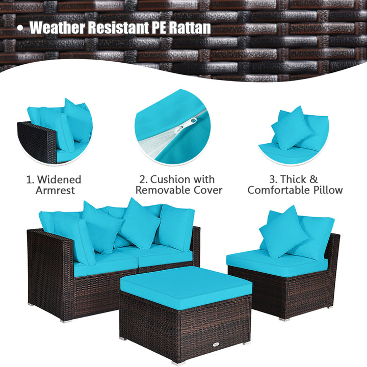 4PCS Rattan Patio Conversation Furniture Set Yard Outdoor w/ Turquoise Cushion Image 9