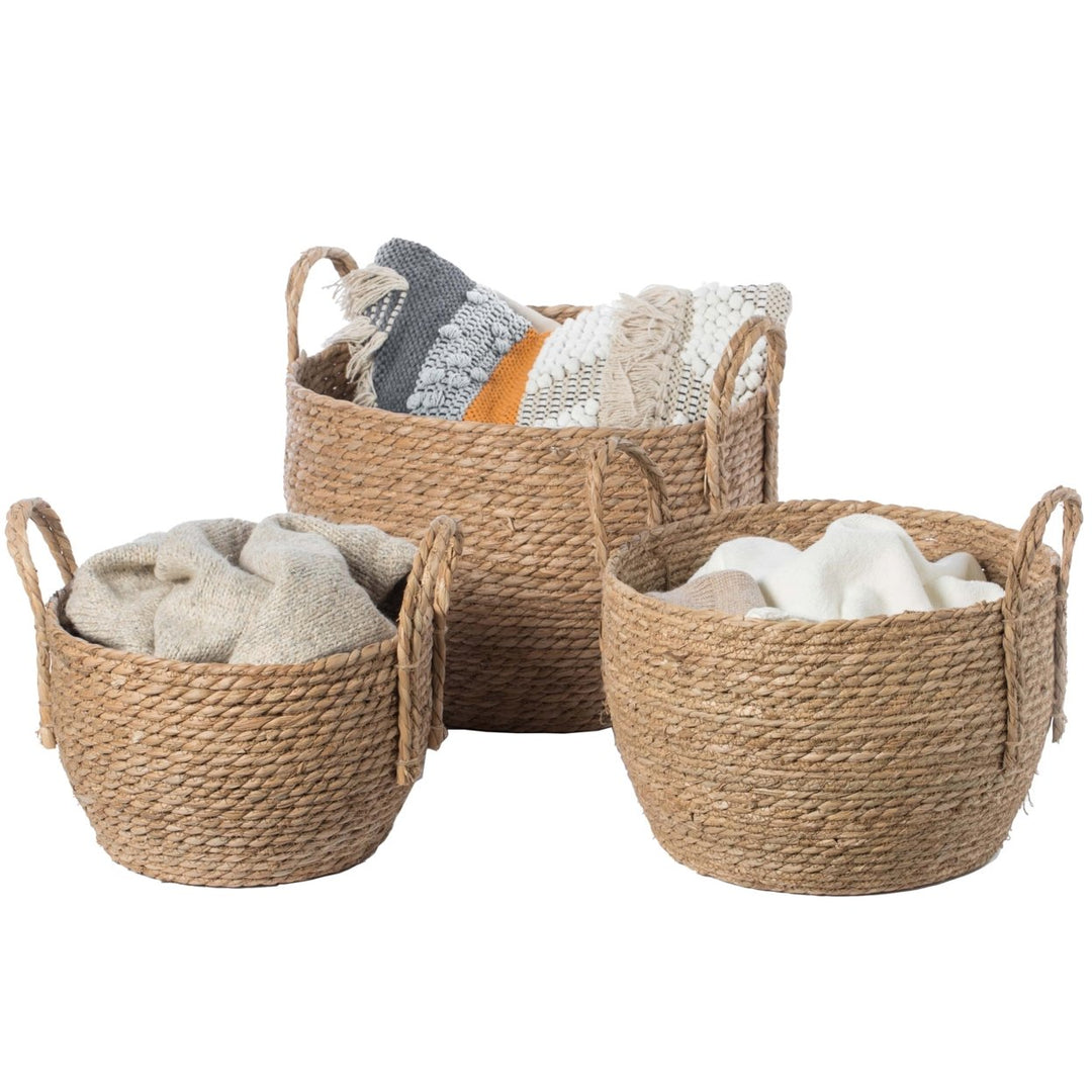 Decorative Round Wicker Woven Rope Storage Blanket Basket with Braided Handles Image 1