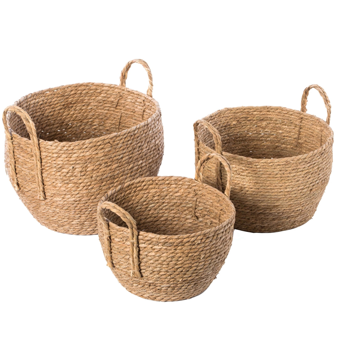 Decorative Round Wicker Woven Rope Storage Blanket Basket with Braided Handles Image 3