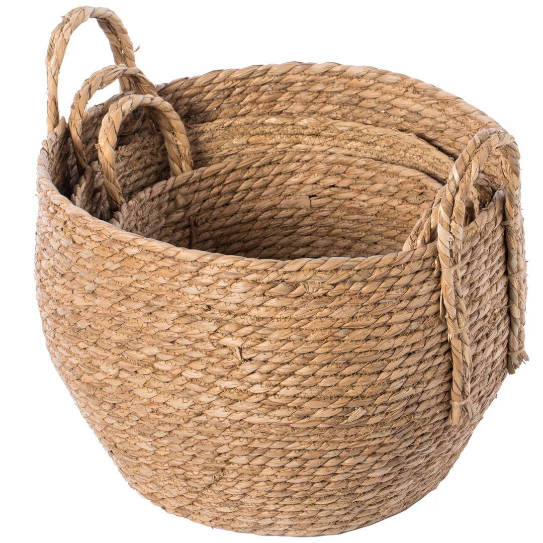 Decorative Round Wicker Woven Rope Storage Blanket Basket with Braided Handles Image 5